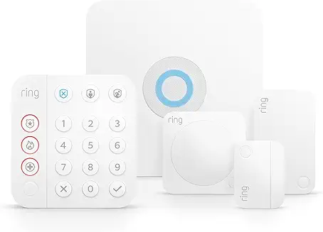 Kit de Alarma Ring de 5 piezas: sistema de seguridad inalámbrico para casa inteligente, expandible, configuración fácil, control con app móvil, monitoreo profesional 24/7 y compatible con Alexa