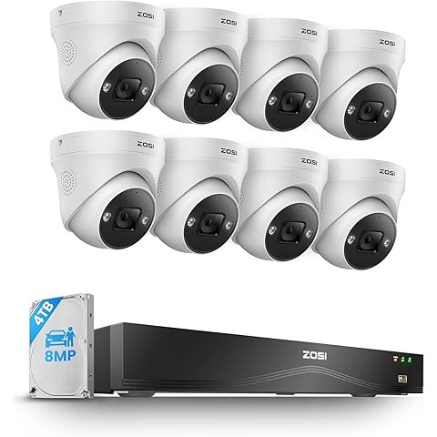 ZOSI Sistema de cámara de seguridad 4K PoE, 16 puertos 32CH 8MP NVR con 4TB HDD, 8 cámaras IP PoE 4K para interiores y exteriores, detección de cara/persona/vehículo, audio de 2 vías, visión nocturna
